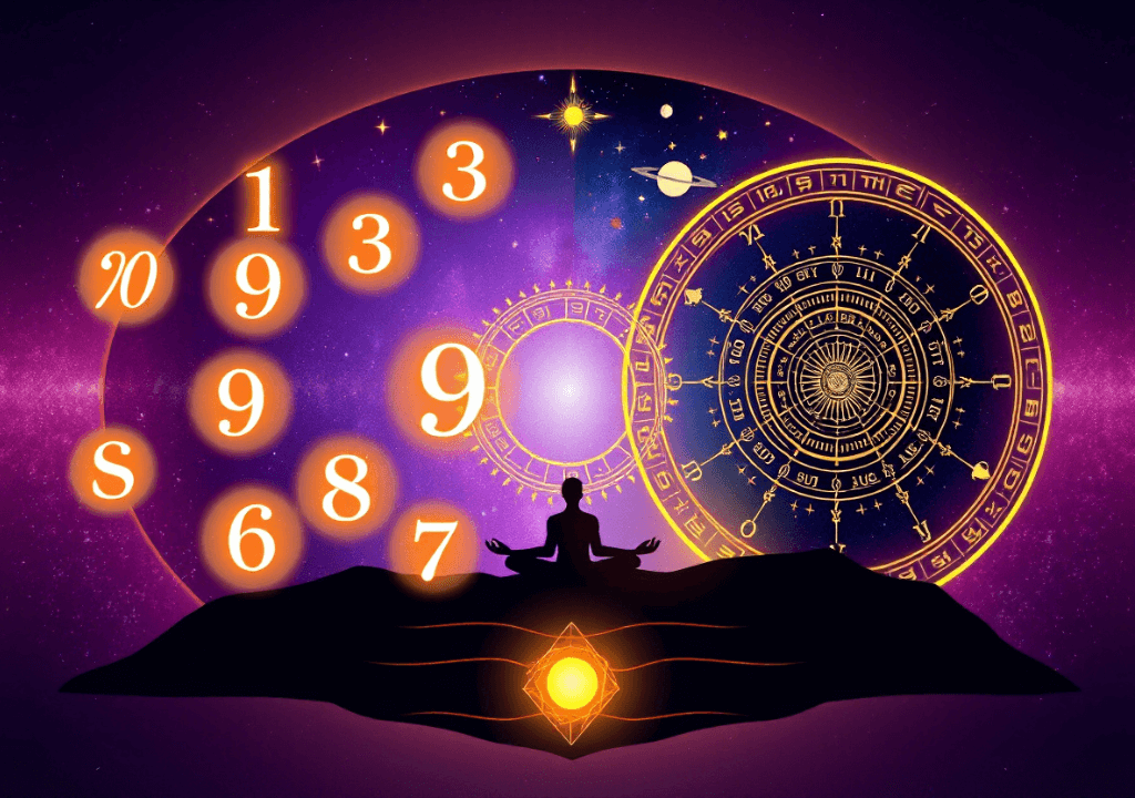Numerology and astrology charts with a meditating person.